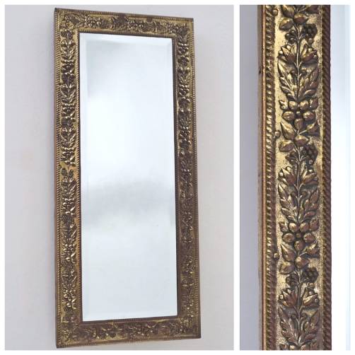 Antique wall mirror, Arts & Crafts style by Peerage, rectangular, brass foliate, 1920`s ca, English